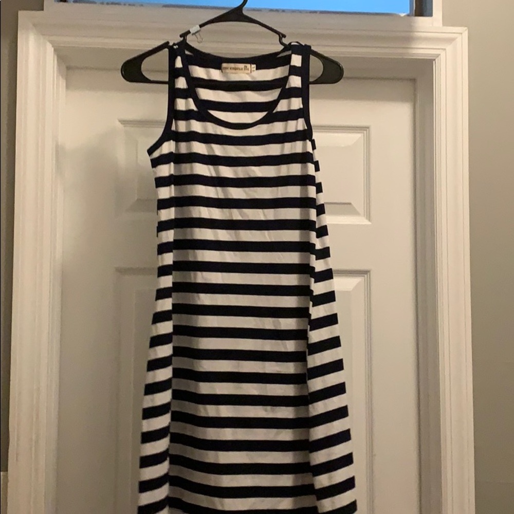 A dark blue and white striped dress